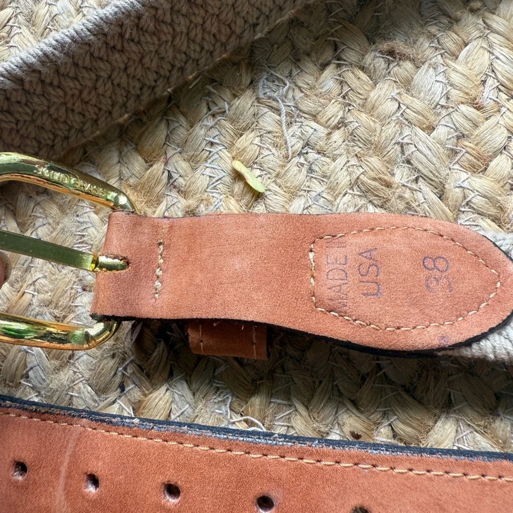 Vintage Mens Braided Surcingle Belt Tan Leather Brass Buckle Made in USA Size 38
